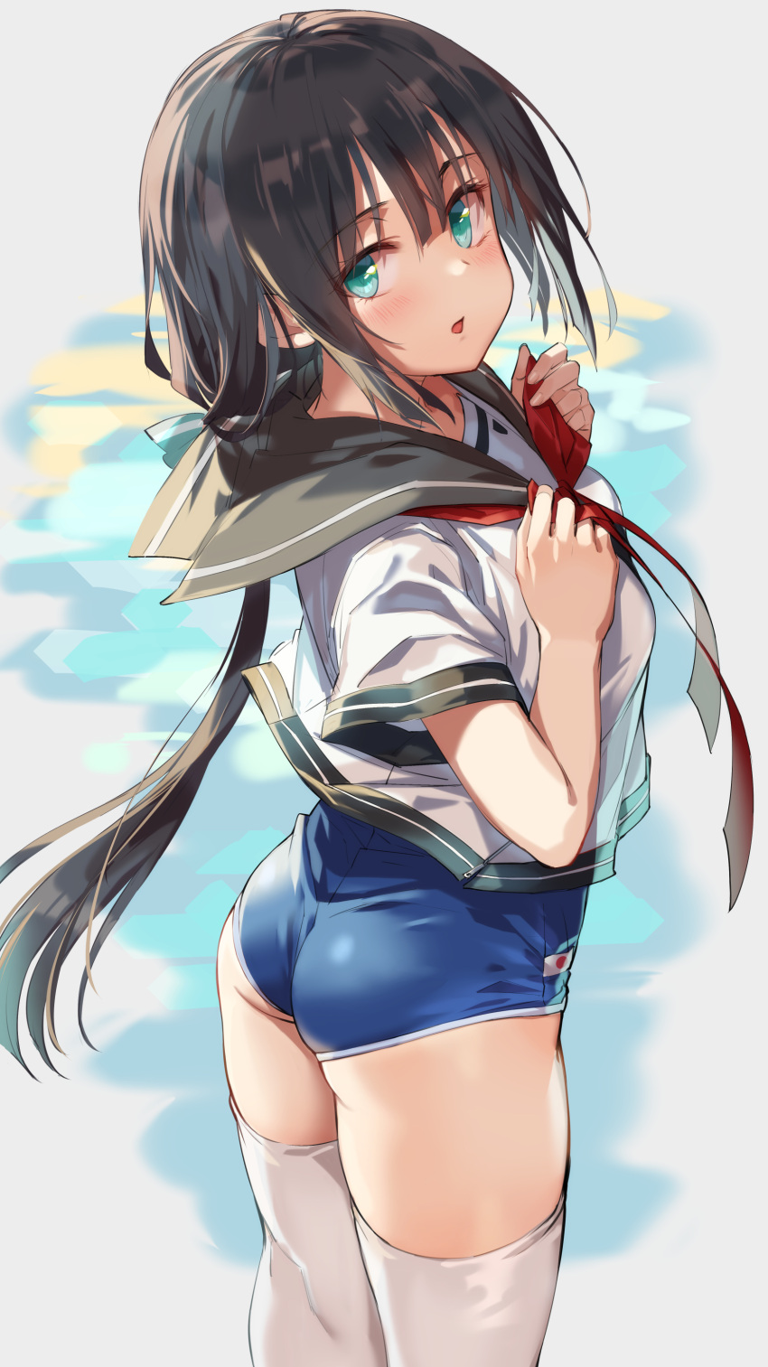 1girl, absurdres, ass, bangs, black_hair, black_sailor_collar, blue_swimsuit, blush