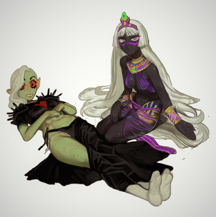 2girls, armor, bare_shoulders, black_eyes, black_skin, black_skirt, blue_eyes, blush, body_freckles, breasts, colored_sclera, colored_skin, dark-skinned_female, dark_skin, duck_dodgers, freckles, grin, hair_ornament, highres, long_hair, looking_at_viewer, lord_dominator, lying, medium_breasts, mossacannibalis, multiple_girls, navel, on_back, own_hands_together, panties, pauldrons, queen_tyr'ahnee, red_sclera, seiza, shoulder_armor, shoulder_spikes, side-tie_panties, side_slit, simple_background, sitting, skirt, smile, socks, spikes, underwear, very_long_hair, wander_over_yonder, white_background, white_hair, white_legwear, white_panties