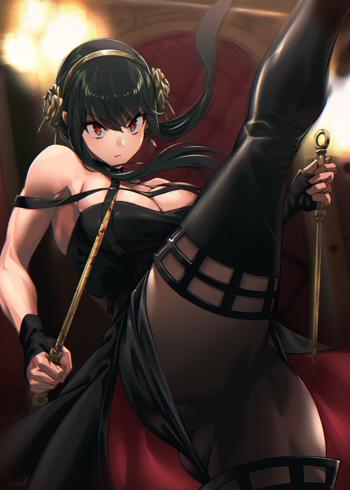 1girl, bangs, black_gloves, black_hair, blood, blood_on_weapon, blurry, blurry_background, breasts, choker, closed_mouth, commentary_request, dagger, dress, earrings, eyelashes, fingerless_gloves, fingernails, gloves, gold_earrings, gold_hairband, gold_headband, highres, holding, holding_dagger, holding_weapon, jewelry, kicking_at_viewer, knife, leg_up, looking_at_viewer, medium_breasts, mikel_(4hands), red_eyes, rose_hair_ornament, serious, shiny, shiny_hair, short_hair_with_long_locks, sidelocks, solo, spy_x_family, standing, standing_on_one_leg, thigh-highs, two-sided_dress, two-sided_fabric, v-shaped_eyebrows, weapon, yor_briar, zettai_ryouiki