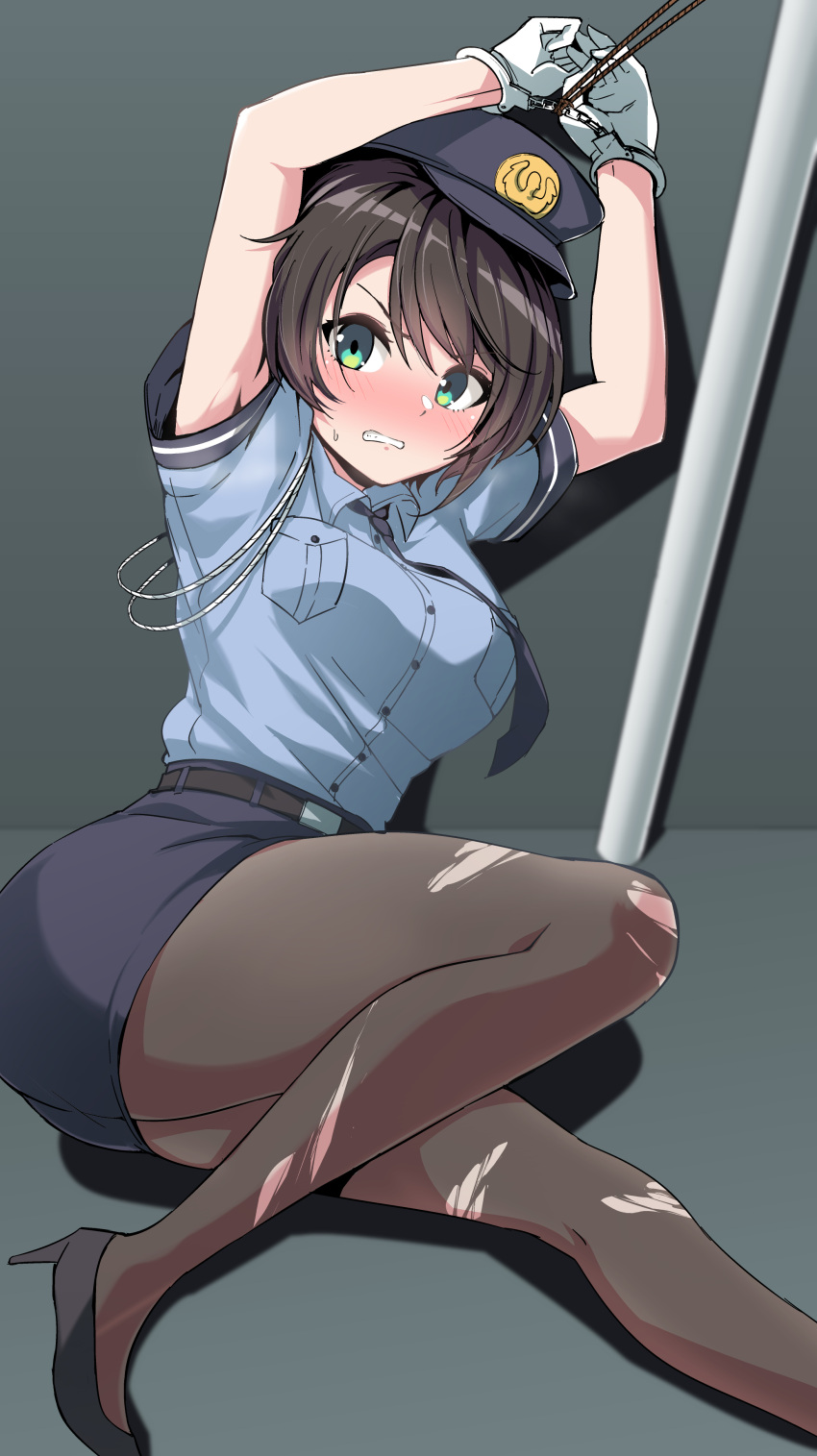 1girl, absurdres, black_hair, blush, glaring, gloves, green_eyes, hat, high_heels, highres, hololive, mcp150_plus, oozora_subaru, polearm, police, police_hat, police_uniform, policewoman, restrained, scowl, short_hair, teeth, torn_clothes, torn_legwear, uniform, virtual_youtuber, weapon, white_gloves