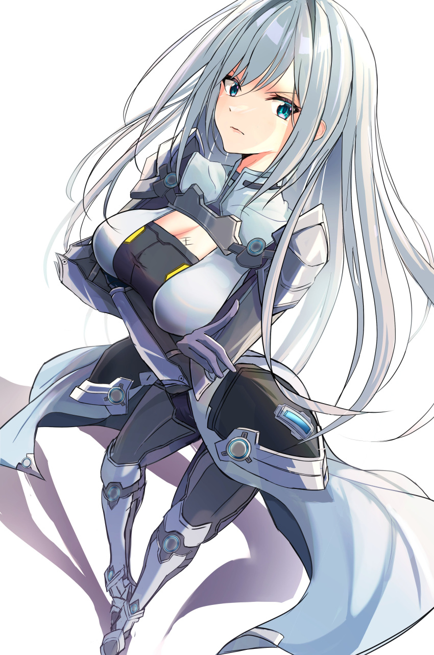 1girl, absurdres, armor, bangs, blue_eyes, breast_tattoo, breasts, cleavage_cutout