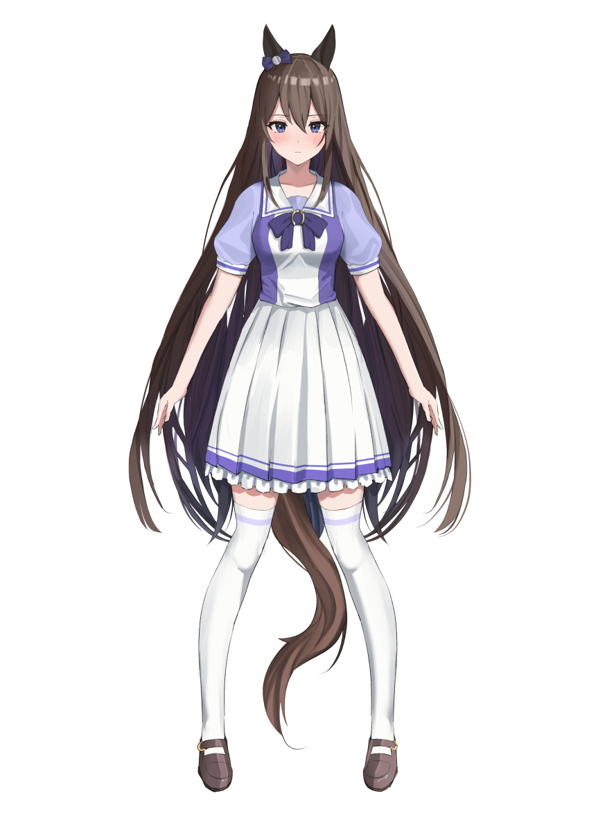 absurdres, animal_ears, blue_eyes, brown_hair, closed_mouth, deep_impact_(umamusume), ear_bow, ear_ornament