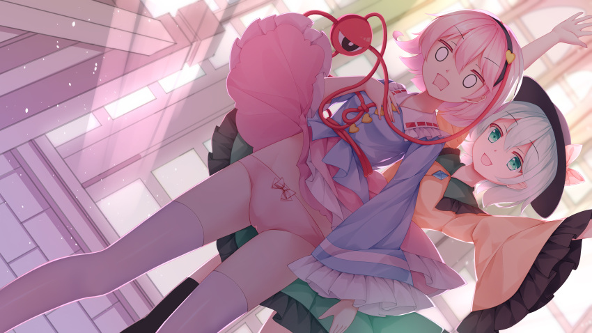 0_0, 2girls, :d, absurdres, arms_up, bangs, black_eyes, black_hairband