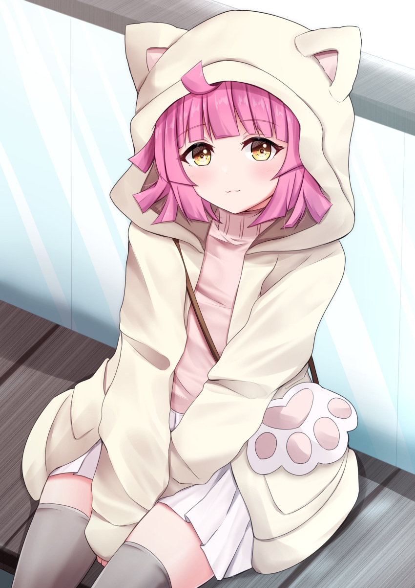 absurdres, ahoge, animal_hood, bangs, between_legs, blush, cat_hood, cat_paw, commentary_request, eyebrows_visible_through_hair, glass, grey_legwear, hand_between_legs, highres, hood, hooded_jacket, jacket, kamesys, light_brown_jacket, long_sleeves, looking_at_viewer, love_live!, love_live!_nijigasaki_high_school_idol_club, open_clothes, open_jacket, pink_hair, pink_sweater, pleated_skirt, short_hair, sitting, skirt, smile, solo, sweater, tennouji_rina, thigh-highs, turtleneck, white_skirt, yellow_eyes
