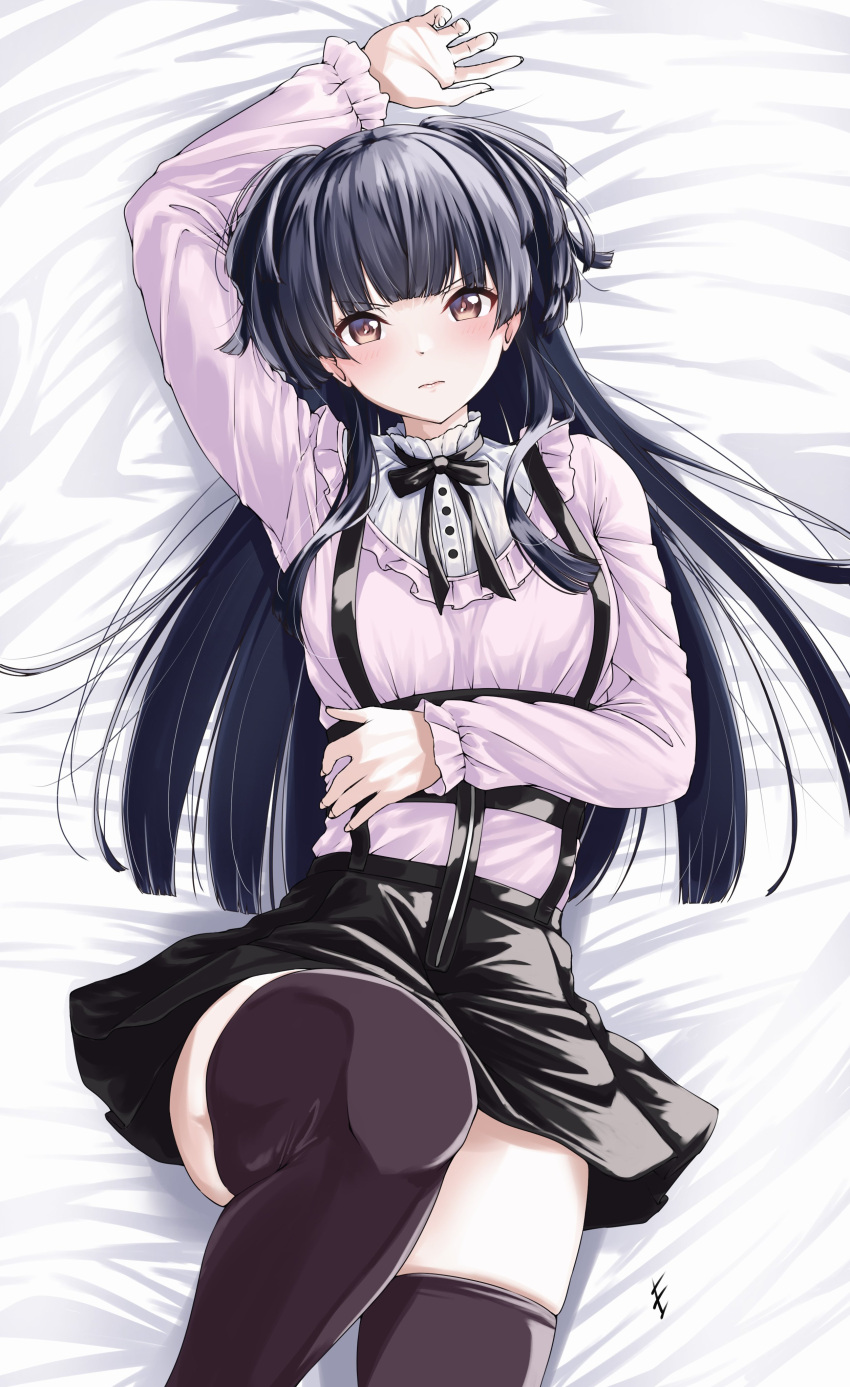1girl, absurdres, arm_up, bangs, bed_sheet, black_hair, black_legwear, black_skirt