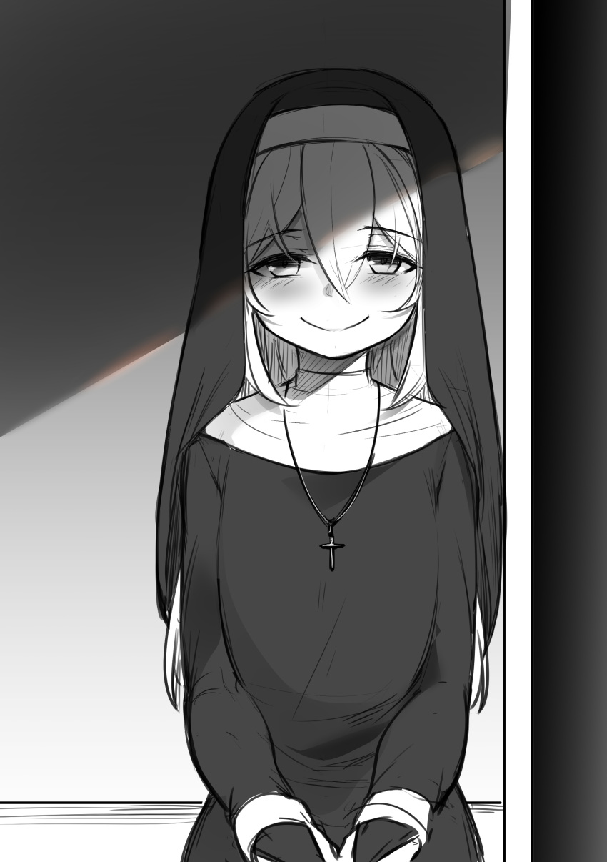 1girl, absurdres, blush, closed_mouth, cross, cross_necklace, dress, eyebrows_visible_through_hair
