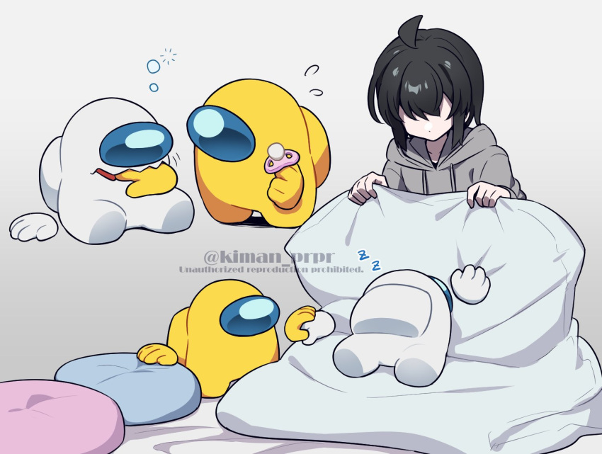3others, ahoge, ambiguous_gender, among_us, bangs, bed_sheet, bubble, commentary_request, crewmate_(among_us), cushion, disembodied_limb, flying_sweatdrops, gradient, gradient_background, grey_hoodie, hand_in_mouth, hand_on_another's_hand, holding, holding_pacifier, holding_sheet, hood, hoodie, impostor_(among_us), kiman, multiple_others, no_eyes, original, pacifier, sitting, spacesuit, they_(kiman), twitter_username, watermark, white_(among_us), yellow_(among_us), zzz