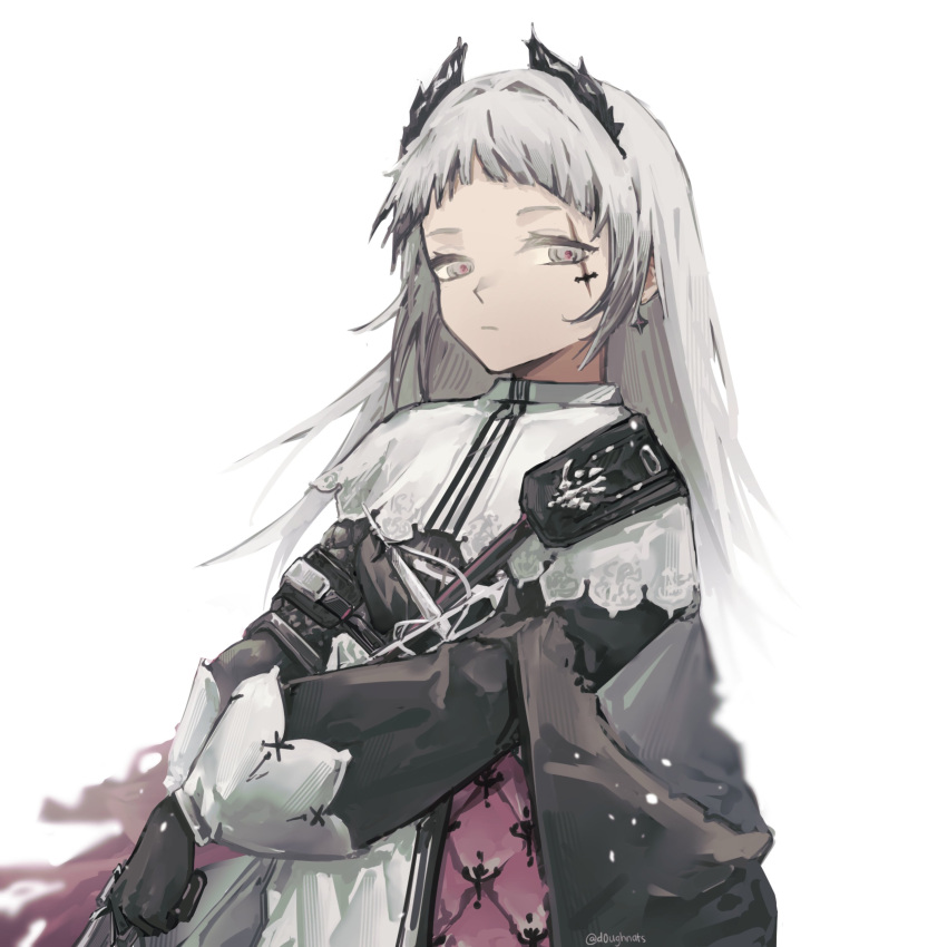 1girl, absurdres, arknights, black_gloves, closed_mouth, earrings, gloves, grey_hair