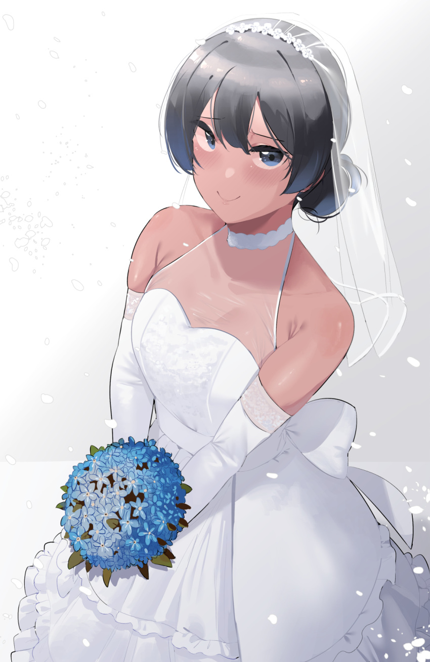 1girl, bangs, bare_shoulders, black_hair, blue_eyes, blush, bouquet, breasts