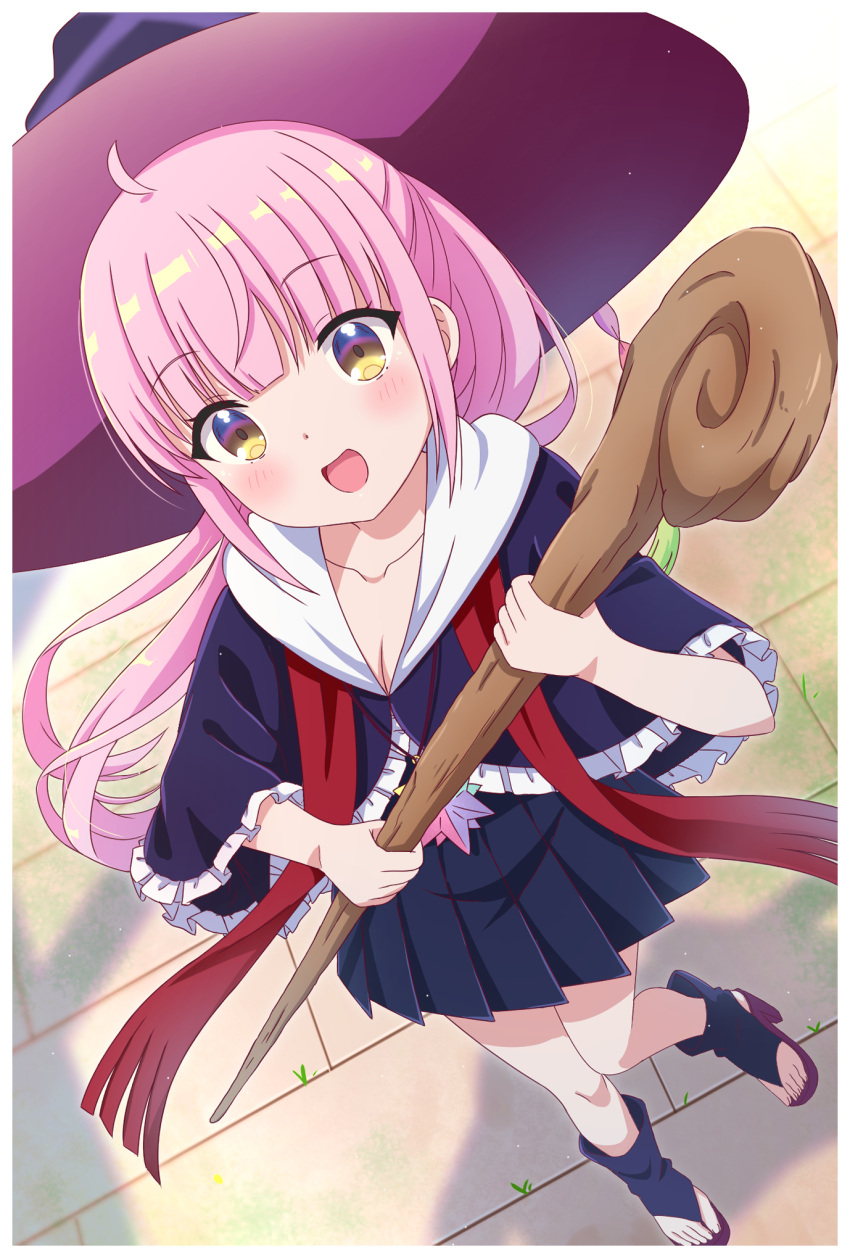 1girl, :d, ahoge, bangs, black_capelet, black_footwear, black_skirt, blush