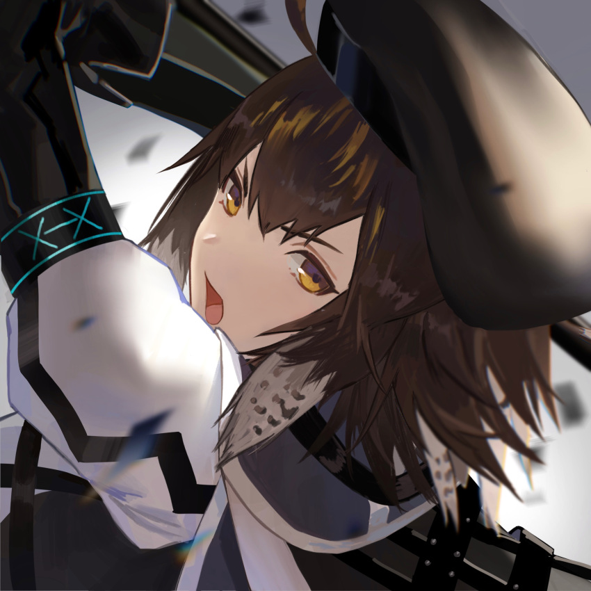 1girl, arknights, arm_up, armlet, bangs, black_gloves, black_headwear, brown_hair