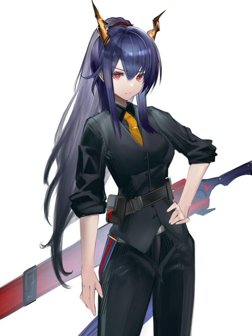 1girl, alternate_costume, arknights, bangs, black_jacket, black_pants, blue_hair, breasts