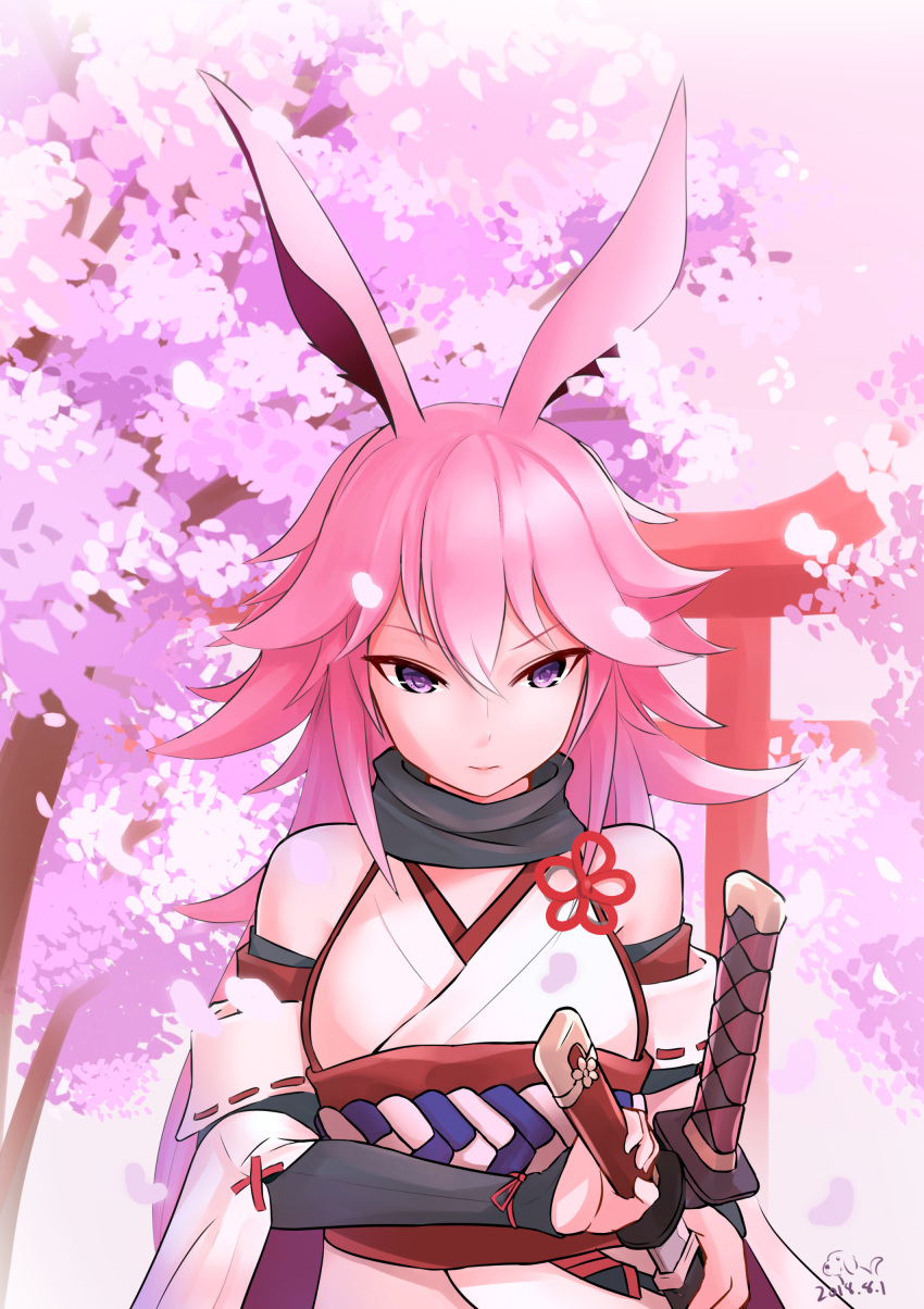 1girl, absurdres, animal_ears, bangs, bare_shoulders, branch, cherry_blossoms, closed_mouth