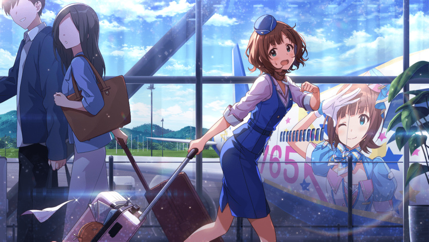 1boy, 2girls, :o, aircraft, airplane, airport, amami_haruka, bangs