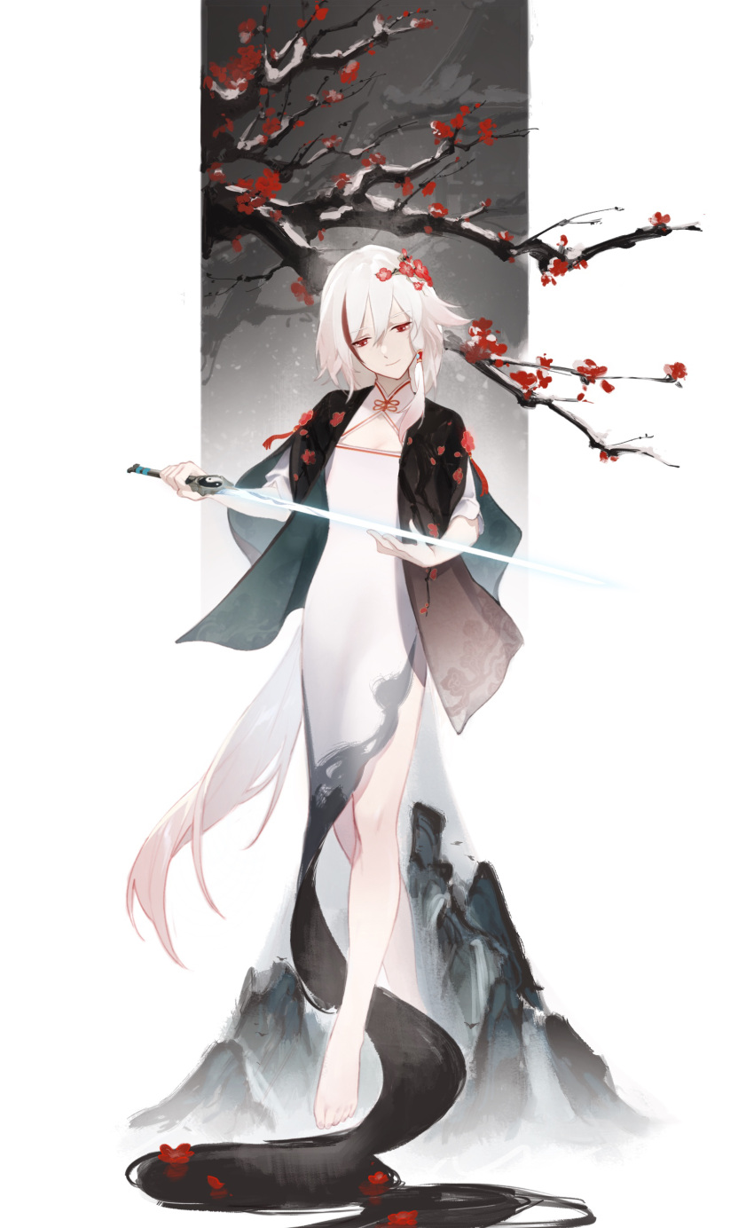 1girl, absurdres, bangs, branch, closed_mouth, dress, fu_hua, fu_hua_(phoenix)
