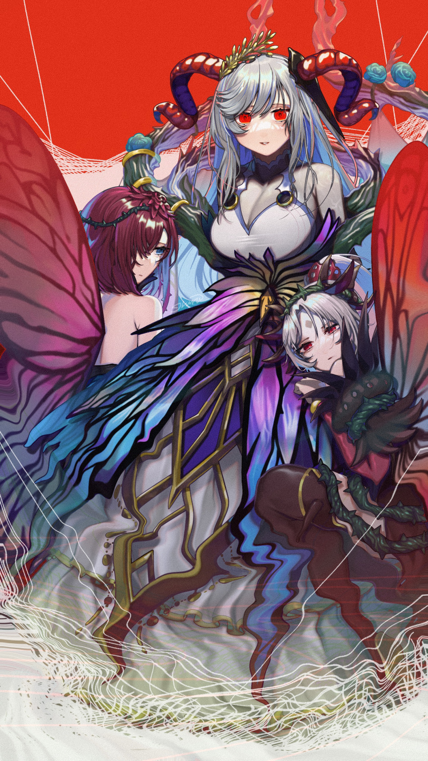 3girls, absurdres, bangs, bare_shoulders, blue_eyes, blue_hair, bodysuit, breasts