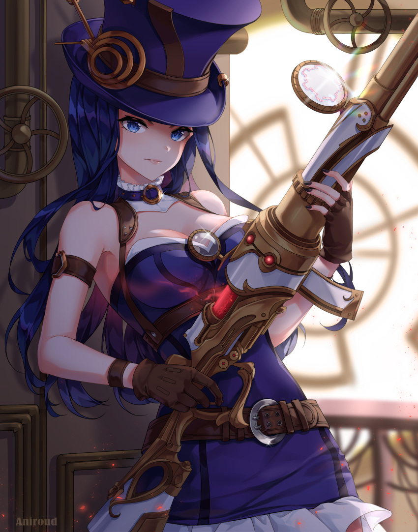 1girl, absurdres, aniroud, arm_strap, belt, blue_eyes, brown_belt, caitlyn_(league_of_legends)