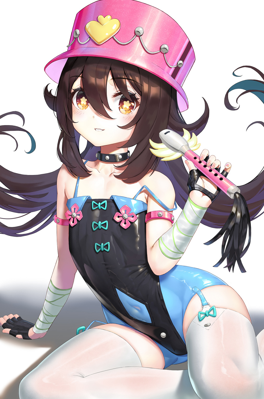 1girl, armlet, black_gloves, blush, brown_hair, choker, fingerless_gloves, flat_chest
