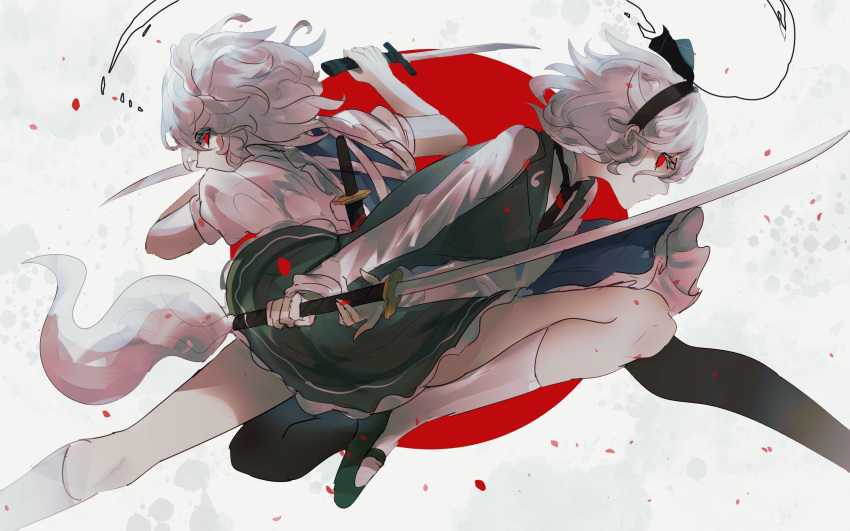 2girls, apron, battle, black_footwear, black_hairband, black_necktie, blue_dress, bob_cut