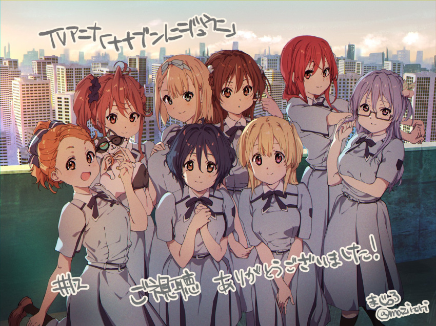 22/7, 6+girls, black_hair, blonde_hair, blue_hair, bow, braid, brown_eyes