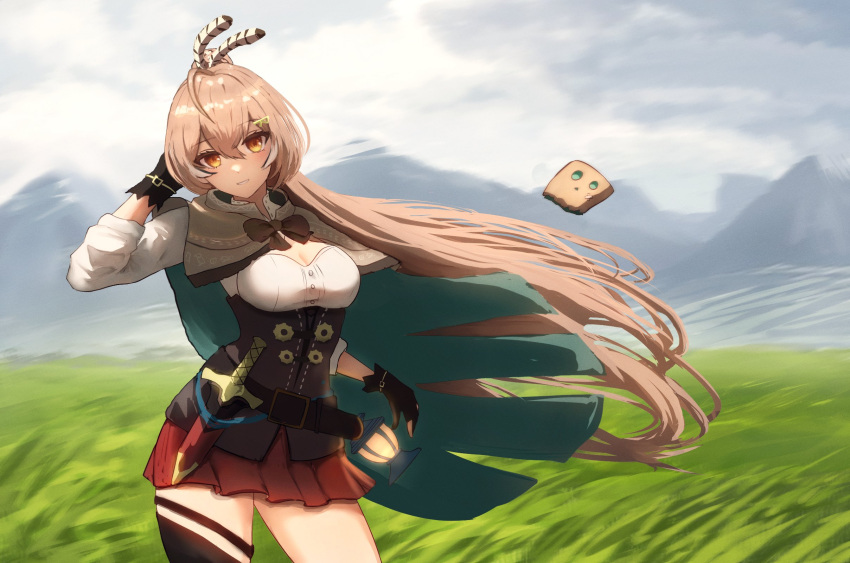 1girl, ahoge, bangs, belt, brown_capelet, brown_cloak, brown_corset, brown_eyes, brown_hair, cape, capelet, cloak, clouds, cloudy_sky, corset, dagger, feather_hair_ornament, feathers, field, friend_(nanashi_mumei), gloves, grass, hair_ornament, hairclip, hieroglyphics, highres, hololive, hololive_english, knife, lantern, lcvvv, long_hair, looking_at_viewer, mountain, multicolored_hair, nanashi_mumei, partially_fingerless_gloves, ponytail, red_skirt, ribbon, shirt, single_thighhigh, skirt, sky, smile, streaked_hair, thigh-highs, thigh_strap, very_long_hair, virtual_youtuber, weapon, white_shirt, wind, wind_lift