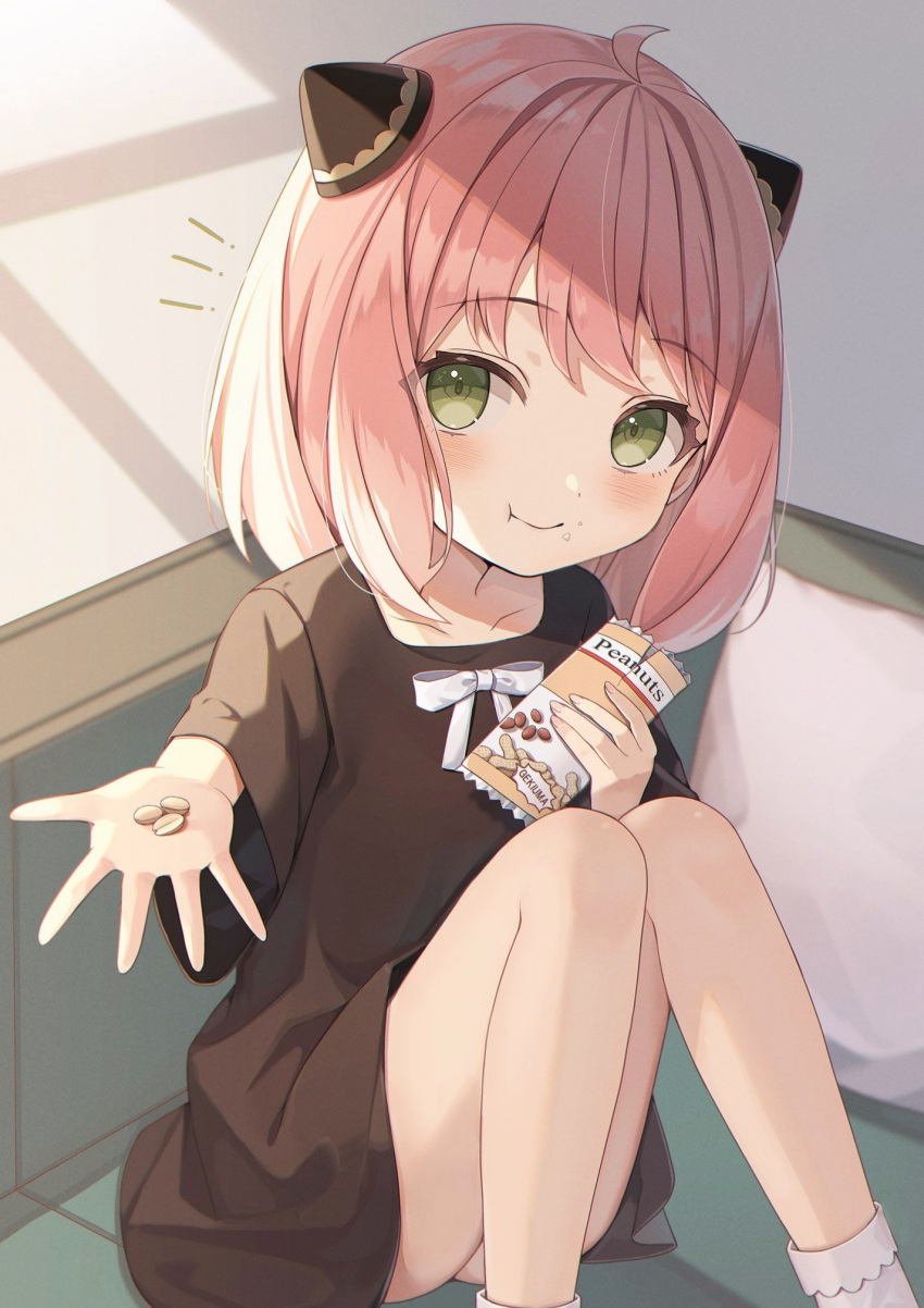 1girl, ahoge, amai_melo, anya_(spy_x_family), black_dress, blush, bow, child