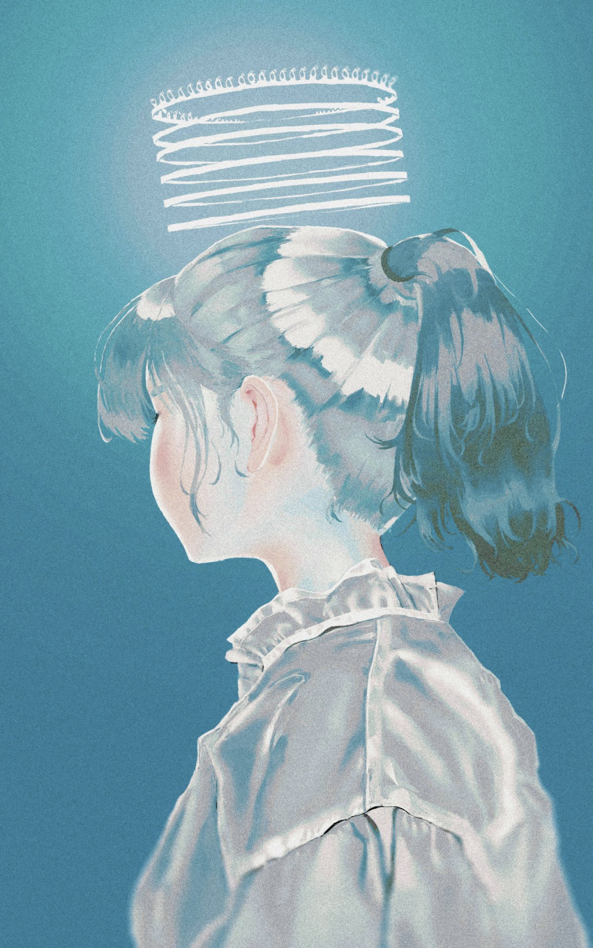 1girl, bangs, blue_background, blurry, facing_away, film_grain, from_side, halo