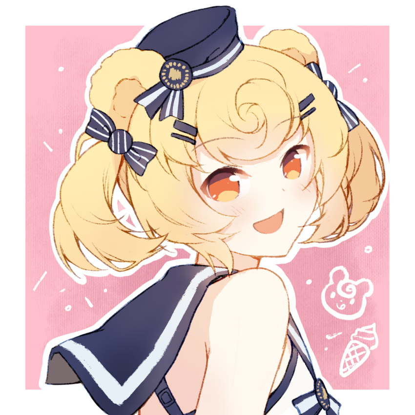 1girl, :d, animal_ears, arknights, bare_shoulders, bear_ears, blonde_hair, blue_headwear, blush, border, dress, eyebrows_visible_through_hair, gummy_(arknights), gummy_(summer_flowers)_(arknights), hat, highres, hikariin25, looking_at_viewer, official_alternate_costume, open_mouth, orange_eyes, outside_border, pink_background, portrait, sailor_dress, short_hair, short_twintails, smile, solo, twintails, white_border, white_dress