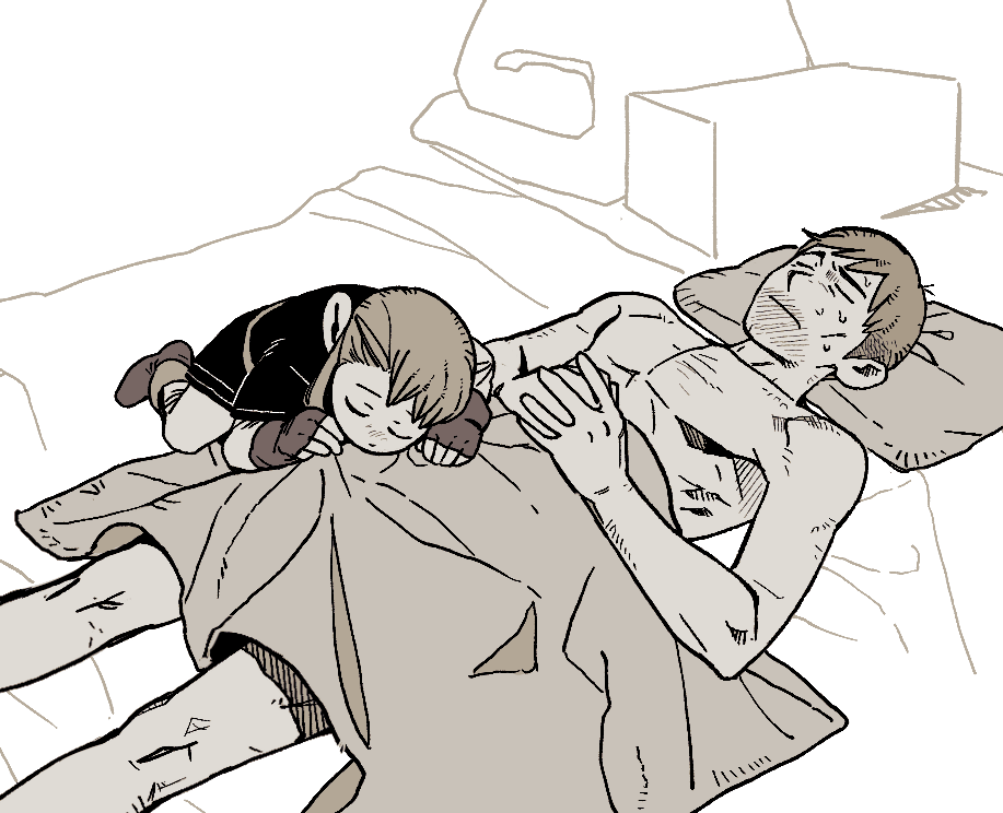 1boy, 1girl, alternate_race, ankle_boots, bangs, bed_sheet, blanket, boots