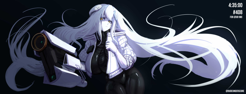 1girl, absurdres, android, black_background, black_bodysuit, bodysuit, borrowed_character, breasts, colored_sclera, colored_skin, completion_time, dudeunderscore, energy_gun, english_commentary, eurica_(ub1mo), floating_hair, gun, hair_between_eyes, highres, holding, holding_gun, holding_weapon, huge_breasts, huge_weapon, incredibly_absurdres, interface_headset, jacket, laser_rifle, long_hair, open_clothes, open_jacket, original, shiny, shiny_clothes, skin_tight, solo, twitter_username, very_long_hair, weapon, white_hair, white_jacket, white_skin, yellow_sclera
