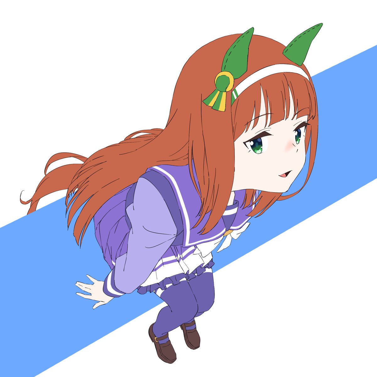 1girl, animal_ears, bangs, brown_footwear, ear_covers, from_above, green_eyes, hairband