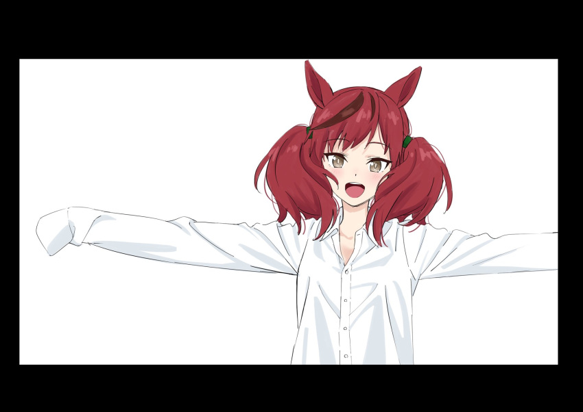 1girl, bangs, black_border, blush, border, brown_eyes, buttons, collared_shirt, highres, horse_tail, looking_at_viewer, medium_hair, multicolored_hair, nice_nature_(umamusume), open_mouth, outstretched_arms, oversized_clothes, oversized_shirt, redhead, shirt, sleeves_past_fingers, sleeves_past_wrists, smile, solo, spread_arms, streaked_hair, tail, teeth, twintails, umamusume, upper_body, upper_teeth, white_shirt, yokkest