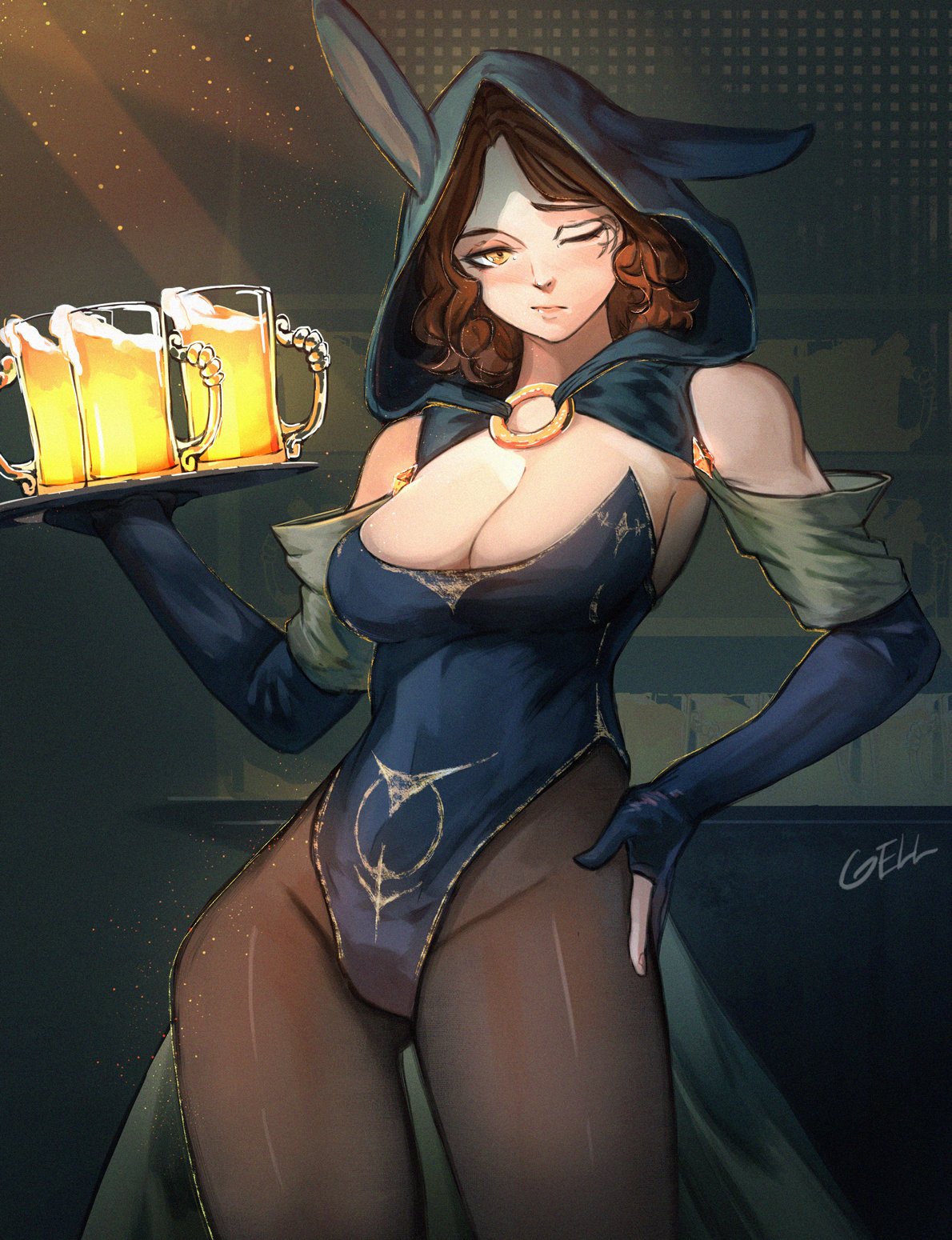 1girl, animal_ears, artist_name, bangs, beer_mug, black_cloak, black_legwear, blush