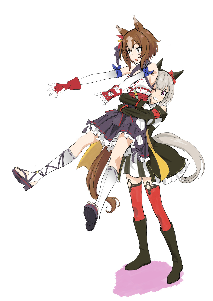 2girls, absurdres, animal_ears, black_footwear, boots, brown_hair, curren_chan_(umamusume), detached_sleeves