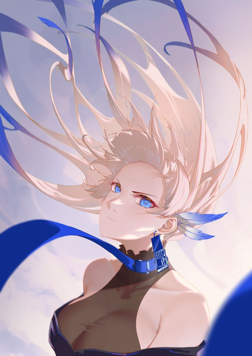 1girl, absurdres, black_collar, blonde_hair, blue_dress, breasts, collar, dress