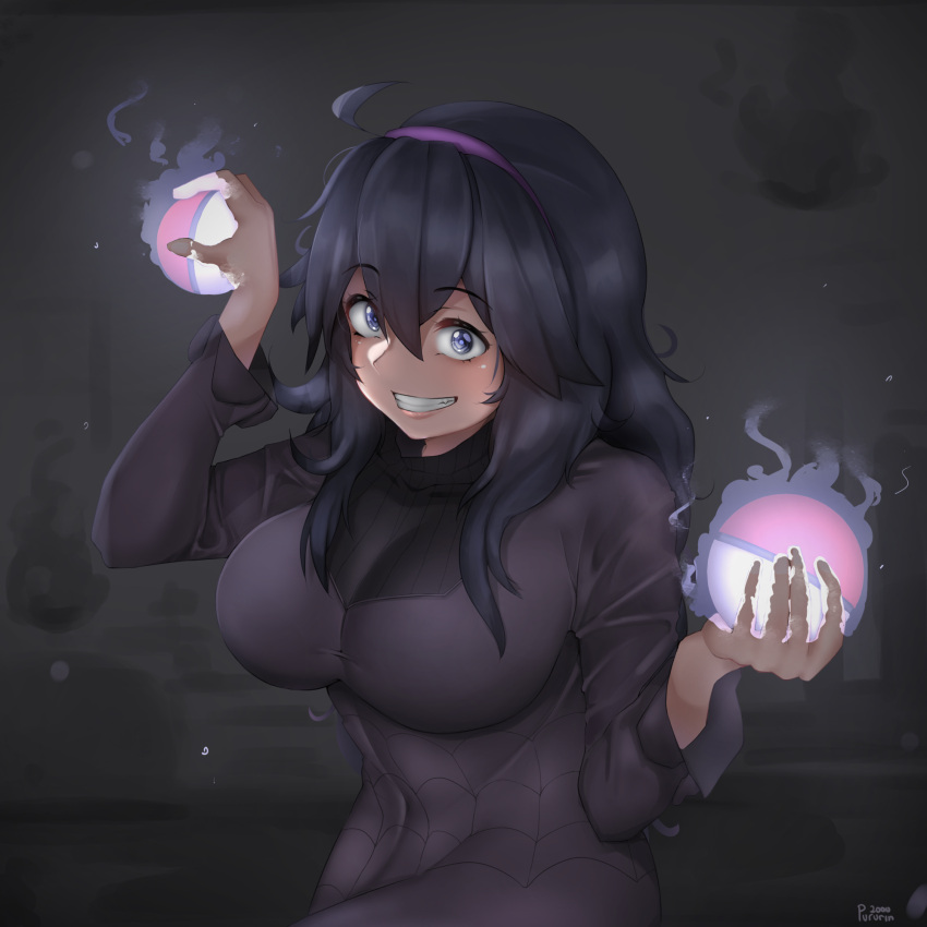 1girl, arms_up, breasts, dress, grin, hairband, hex_maniac_(pokemon), highres, holding, holding_poke_ball, large_breasts, poke_ball, pokemon, pokemon_(game), pokemon_xy, pururin_2000, smile