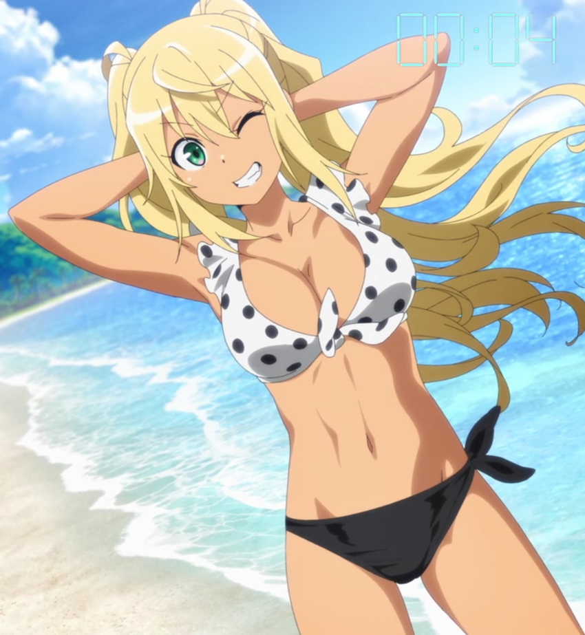 1girl, artist_request, bare_shoulders, beach, bikini, blonde_hair, breasts, dark-skinned_female