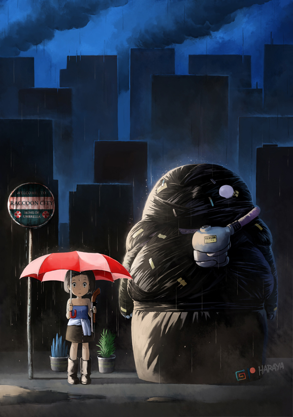 1girl, 1other, artist_name, bare_shoulders, building, bus_stop, commentary, english_commentary, gun, haraya_manawari, herb, jill_valentine, nemesis, outdoors, parody, rain, rain_boots, resident_evil, resident_evil_3, shotgun, smoke, studio_ghibli, sweat, tonari_no_totoro, umbrella, weapon