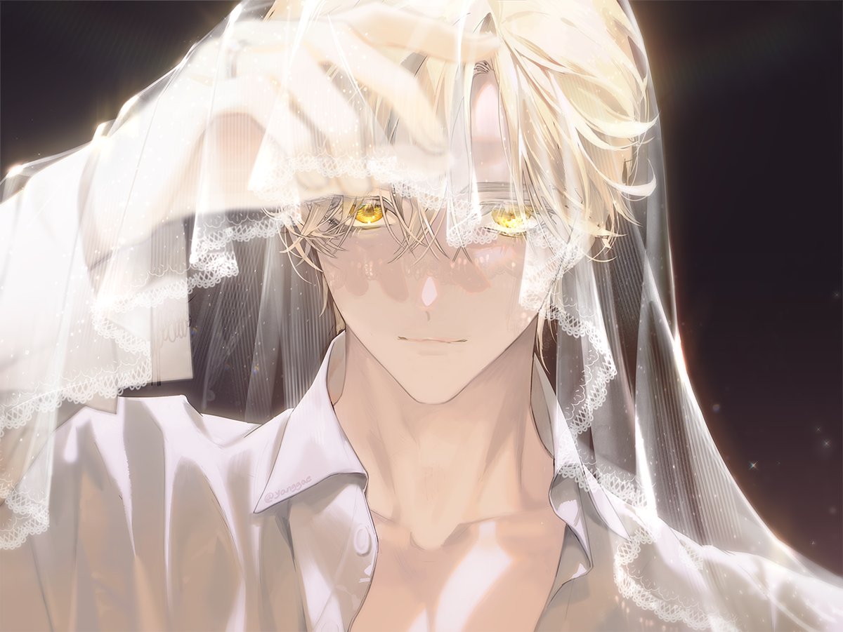 1boy, black_background, blonde_hair, closed_mouth, collarbone, collared_shirt, colored_eyelashes, dress_shirt, eggpongg, hand_up, lace_trim, light_particles, long_sleeves, looking_at_viewer, male_focus, original, see-through, shirt, short_hair, simple_background, smile, solo, veil, veil_lift, white_shirt, yellow_eyes
