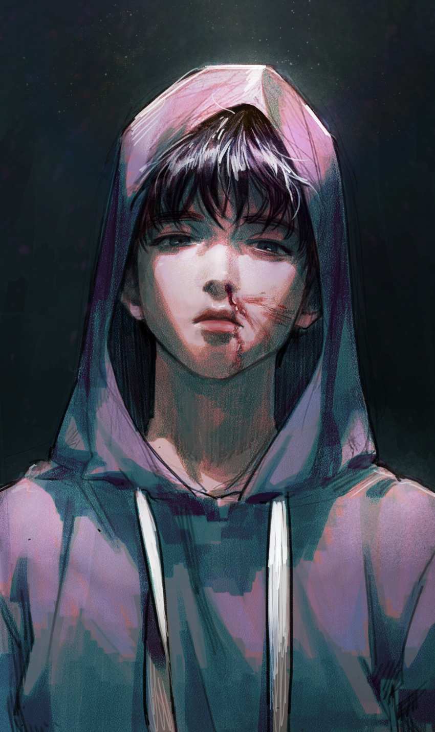 1boy, absurdres, bangs, black_background, black_hair, blood, blood_on_face, closed_mouth