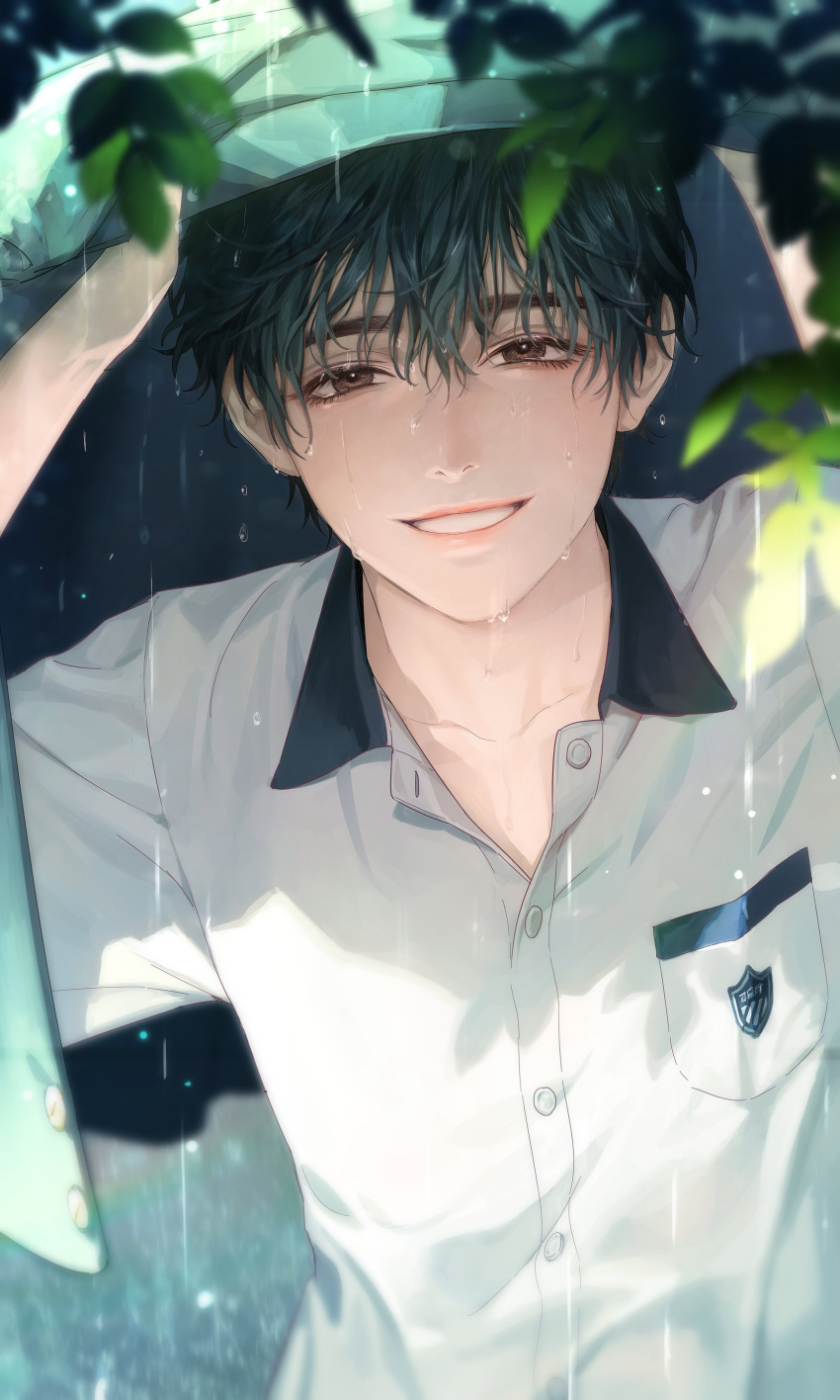 1boy, absurdres, badge, bangs, black_hair, blurry, blush, brown_eyes