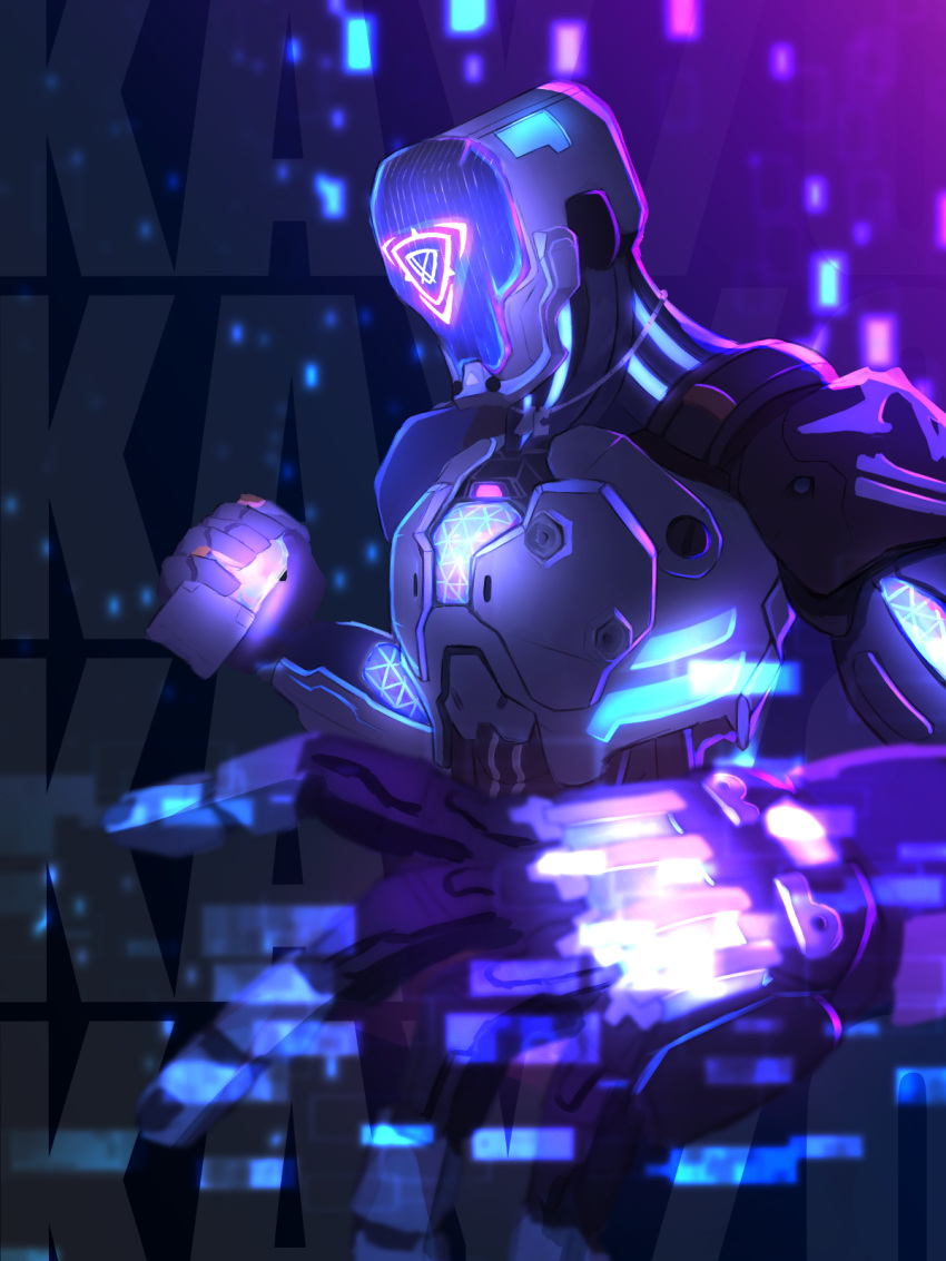 1boy, character_name, explosive, glowing, grenade, highres, holding, holding_grenade, humanoid_robot, kay/o_(valorant), looking_ahead, no_humans, pei_(despay_illustration), purple_background, science_fiction, solo, valorant