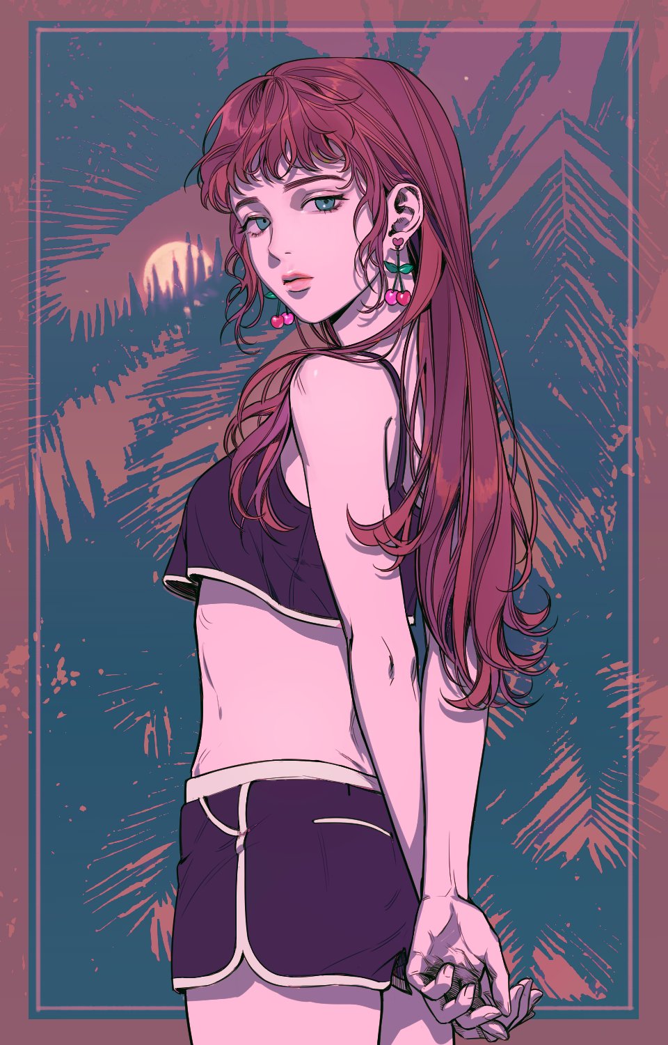 1girl, arms_behind_back, bangs, bare_arms, bare_shoulders, black_shorts, breasts, cherry_earrings