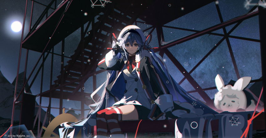1girl, absurdres, black_gloves, black_jacket, black_necktie, blue_eyes, blue_hair, closed_mouth