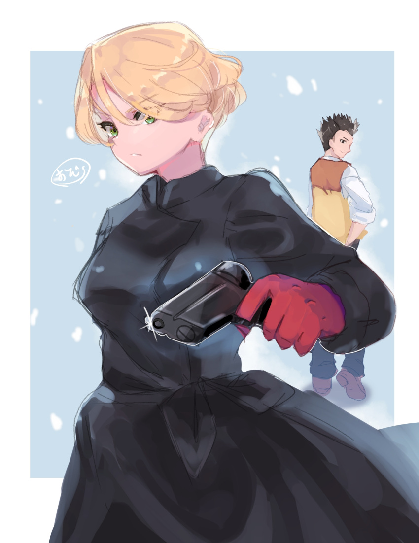 1boy, 1girl, black_eyes, black_hair, black_jacket, blonde_hair, blue_background, border, breasts, eyebrows_visible_through_hair, gloves, green_eyes, gun, handgun, highres, holding, holding_gun, holding_weapon, jacket, janome_(batako), maria_tachibana, medium_breasts, oogami_ichirou, pistol, red_gloves, sakura_taisen, shirt, short_hair, sketch, smile, snowing, vest, weapon, white_border, white_shirt, yellow_vest