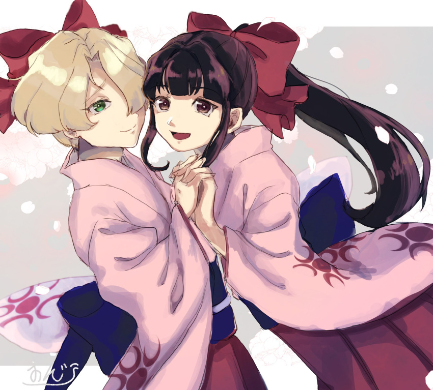 2girls, black_hair, blue_bow, bow, brown_eyes, cosplay, flat_chest, hair_bow