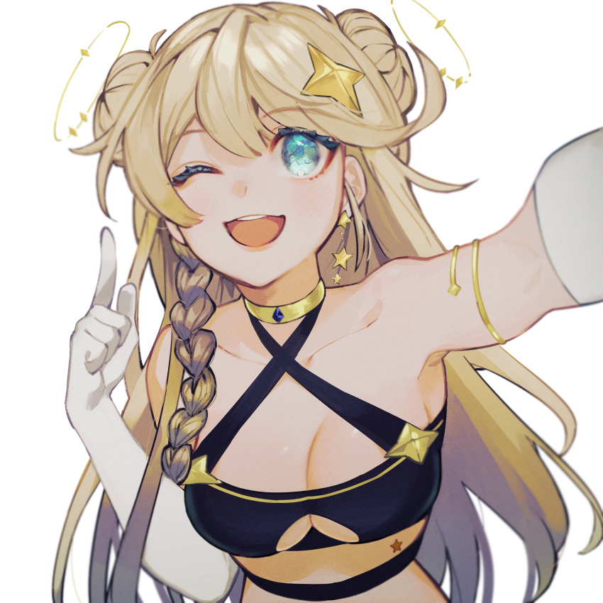 1girl, ;d, absurdres, armlet, bangs, blonde_hair, blue_eyes, braid, breasts, bustier, clothing_cutout, commission, commissioner_upload, double_bun, earrings, eyebrows_visible_through_hair, french_braid, gloves, highres, index_finger_raised, jewelry, kaneko_lumi, long_hair, looking_at_viewer, medium_breasts, naponapo_6262, one_eye_closed, phase_connect, selfie, side_braid, skeb_commission, smile, solo, star_(sky), star_(symbol), star_earrings, under_boob, underboob_cutout, very_long_hair, virtual_youtuber, white_gloves
