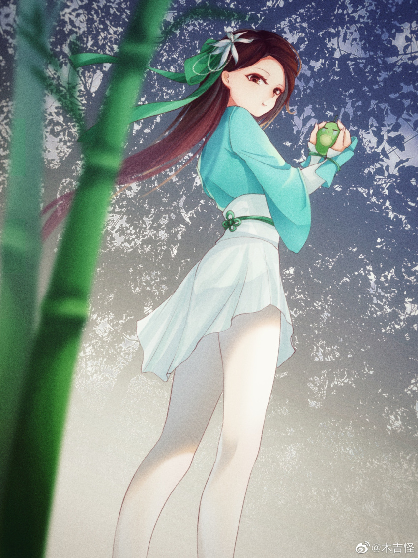 1girl, bamboo, biting, brown_hair, dress, eating, food, fruit