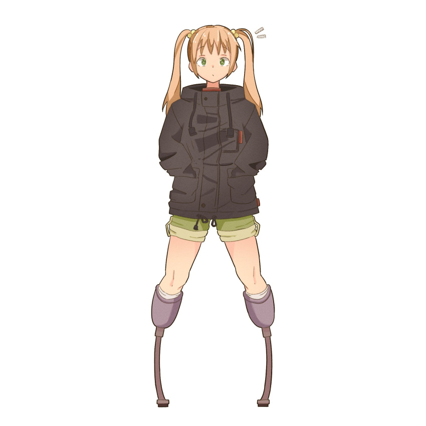 1girl, amputee, black_jacket, brown_hair, closed_mouth, double_amputee, full_body, green_eyes