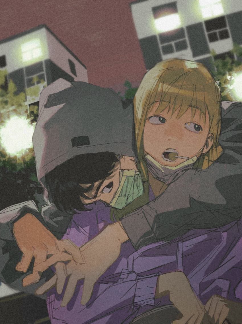 1boy, 1girl, black_eyes, black_hair, blonde_hair, blue_eyes, building, candy